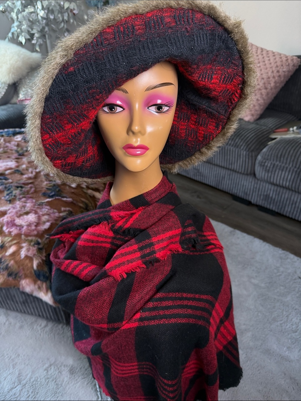 Red and Black Plaid Oversized Scarf with Fur-Trim Hat Set